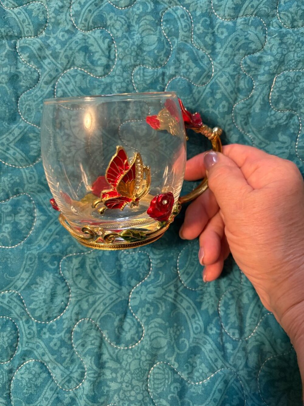 Clear Glass Featuring Dimensional Red Gold Enamel Ross and Butterfly Mug